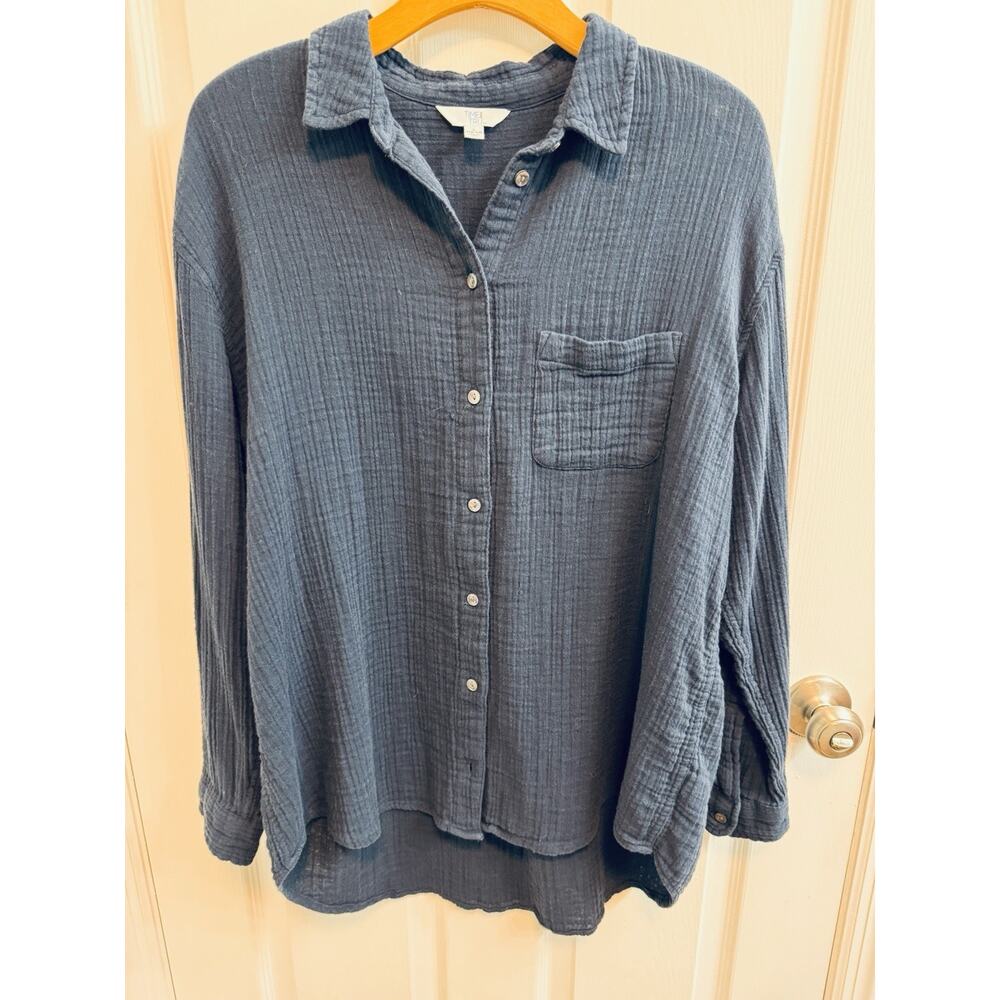 Time and Tru L Blue Button Shirt Crinkle Cotton Fabric Long Sleeve Picked - Picture 3 of 16
